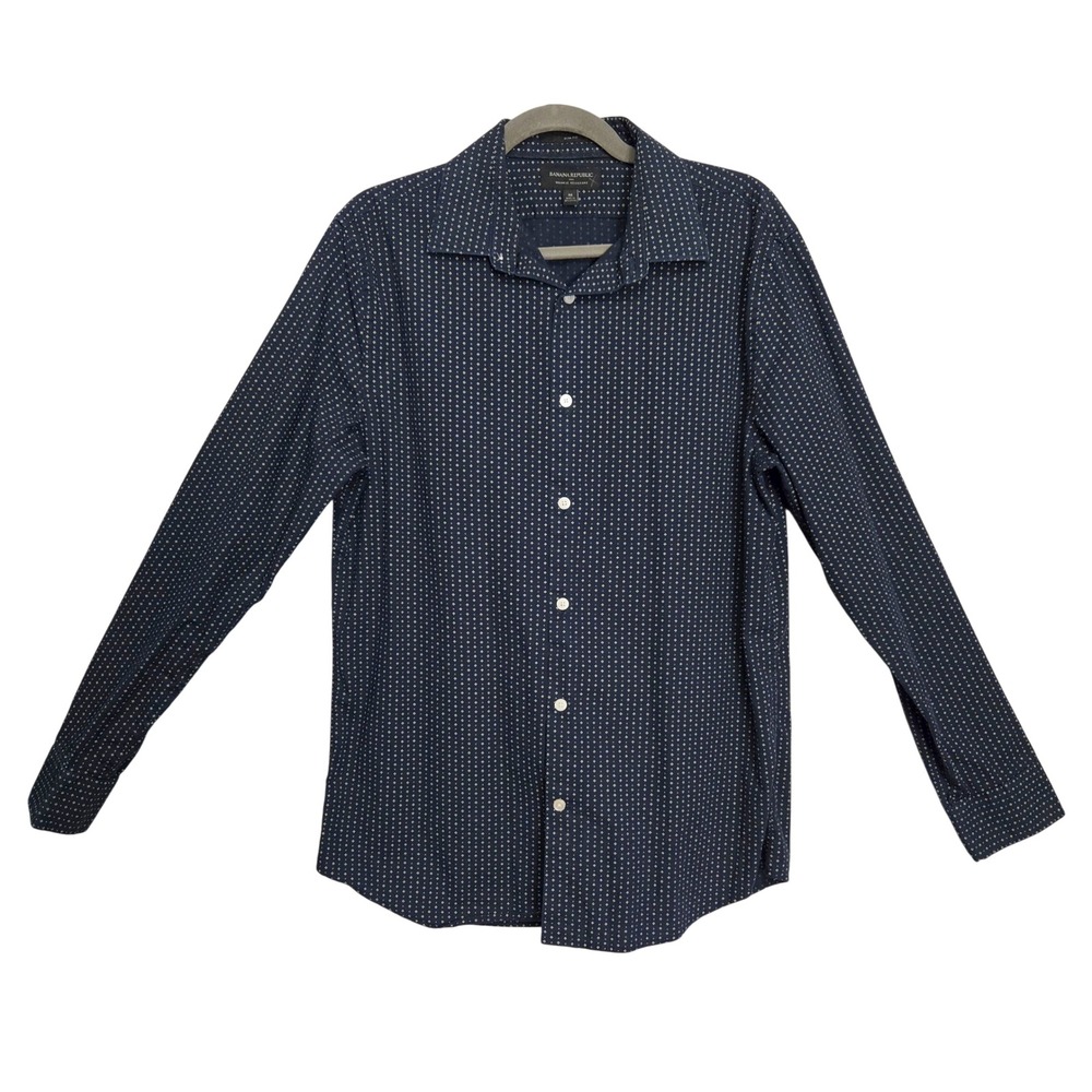 Banana Republic Mens Slim Fit Wrinkle Resistant Navy Diamond Print Shirt M